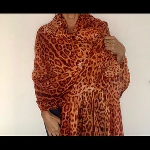 Silk scarf leopard print orange 74”by 44”, Italy